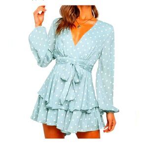 Blue Polka Dot Romper Jumpsuit White Frill Romantic Girly Date Night Coquette XL